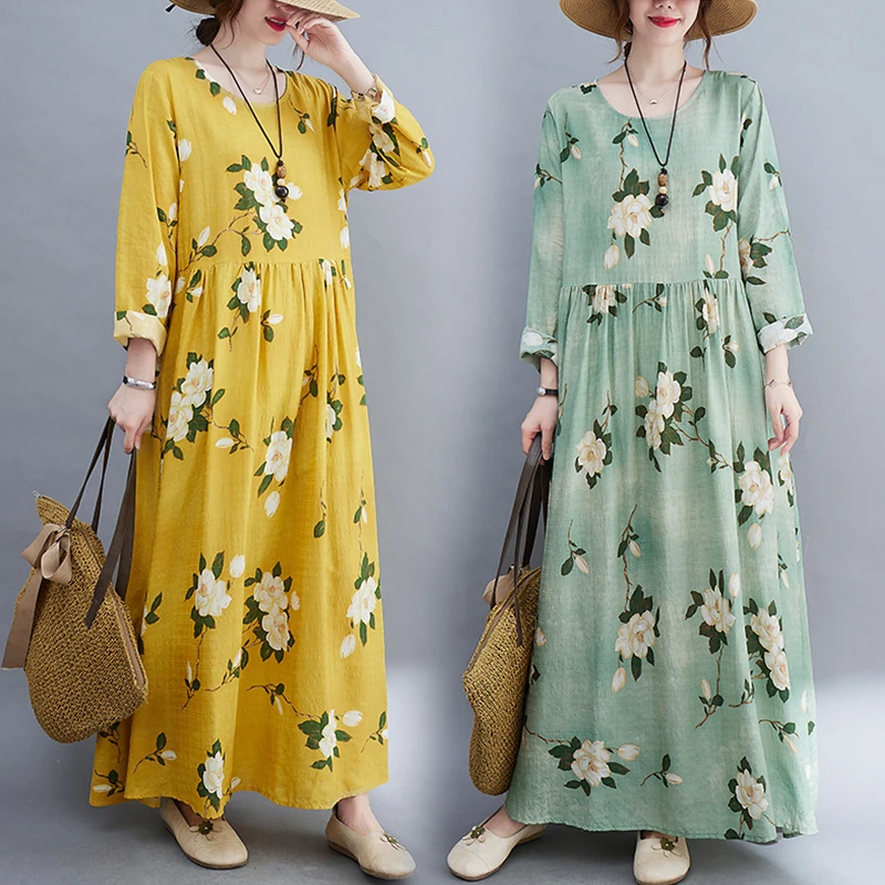 

Floral Print A-Line Dr plus Size Women's Long Sve round Ne Conceal Meat Slimming Autumn Long Dr Ethnic Sle