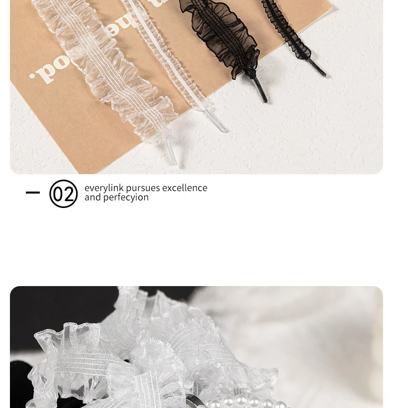 Rüschenbesetzte, transparente Schuhbänder aus Organza mit Schleife, süße, alltagstaugliche Schuhaccessoires für flache Sneaker und Freizeitschuhe. – Detail 4