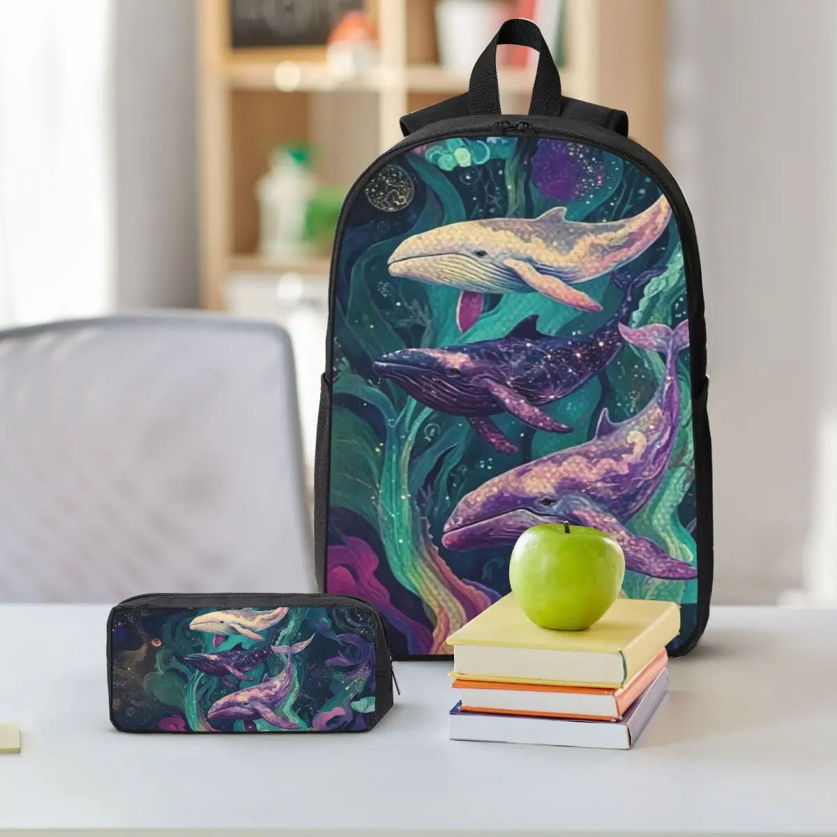 Deep Sea Luminous Starry Sky And Whale Backpack Boys Girls BookBag School Bag Shoulder Bags 3ps Insulated Lunch Bag Pencil Case
