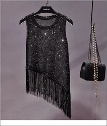 The New Summer Sexy No Rules of Gold Sequins Tassel Vest Outside The Small Condole Wear Sleeveless Knitted Bead Piece