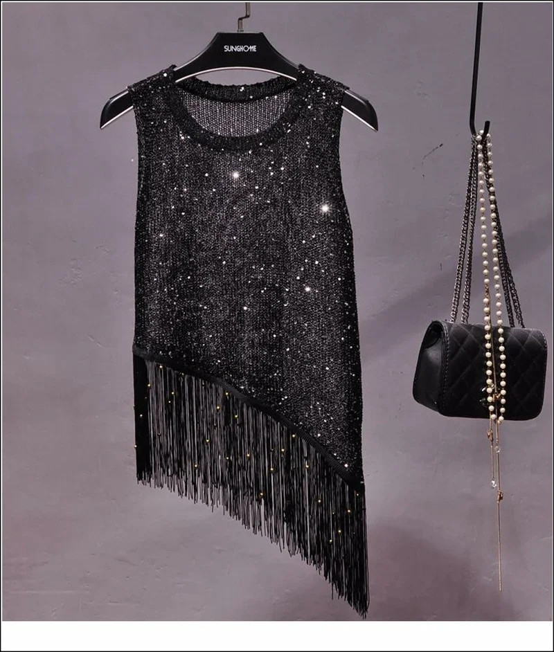 The New Summer Sexy No Rules of Gold Sequins Tassel Vest Outside The Small Condole Wear Sleeveless Knitted Bead Piece