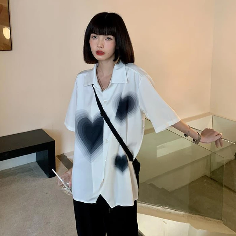 White Shirts Women Retro Heart-print Fashion Korean Style Harajuku Ulzzang Simple Unisex Sun-proof BF Camisas Mujer Ins Casaul