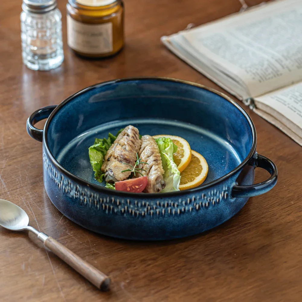 Blue Double Eared Porcelain Bowl Japanese Style Vintage 7.6 Inch Round Household Tableware Vegetable Fruit Salad Bowls