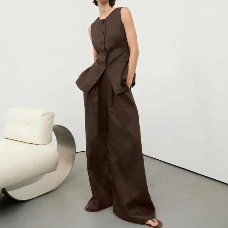 

Fmxires Cotton Vest Set Women's O neck Sleeveless Buttons Top Loose Wide-leg Long Trousers Casual Lady Commuting Two Piece Set