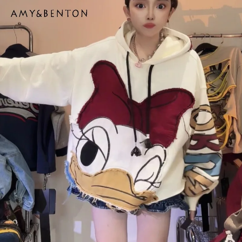 

Autumn Heavy Industry Patchwork Hooded Sweatshirt Loose Versatile Top Youthful Trend Unisex Pullover Long-sleeves Hoodies Jacket