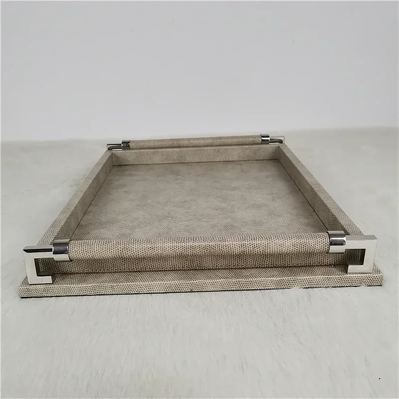 Storage Wooden Tray Leather Plate European Gray Metal Tray Rectangle with Handle Home Hotel Storage Ornaments Serving Plate