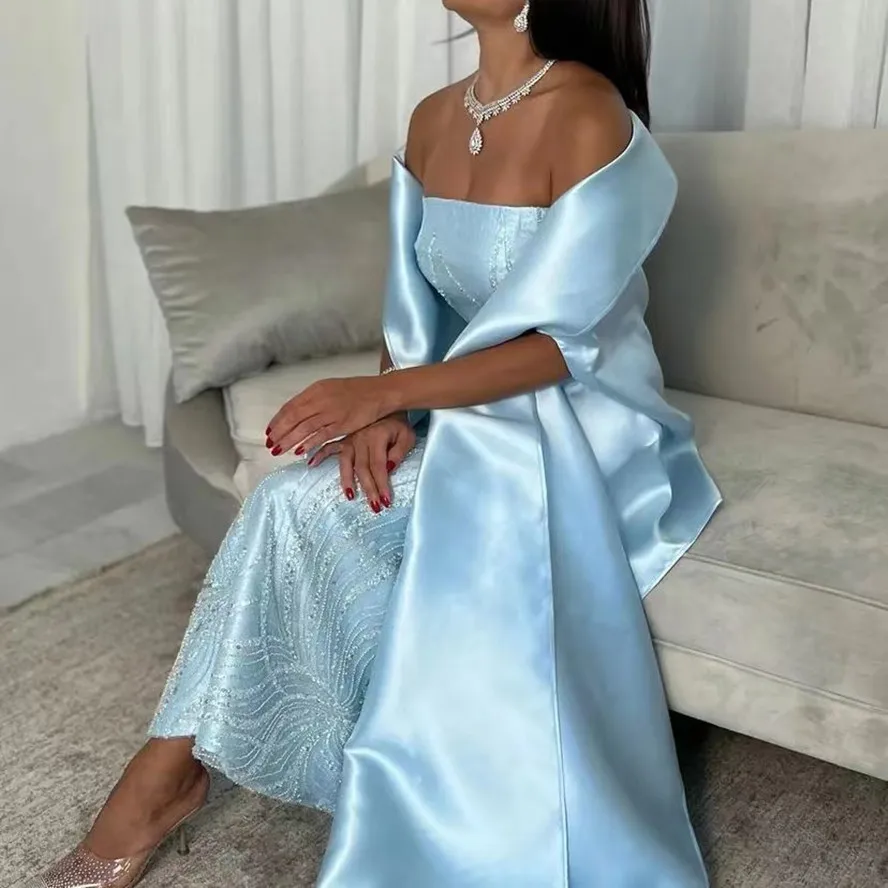 Sky Blue Sheath Prom Dresses Strapless Long Elegant Party Women Wear for Evening with Wraps Saudi Arabia Vestidos De Novia