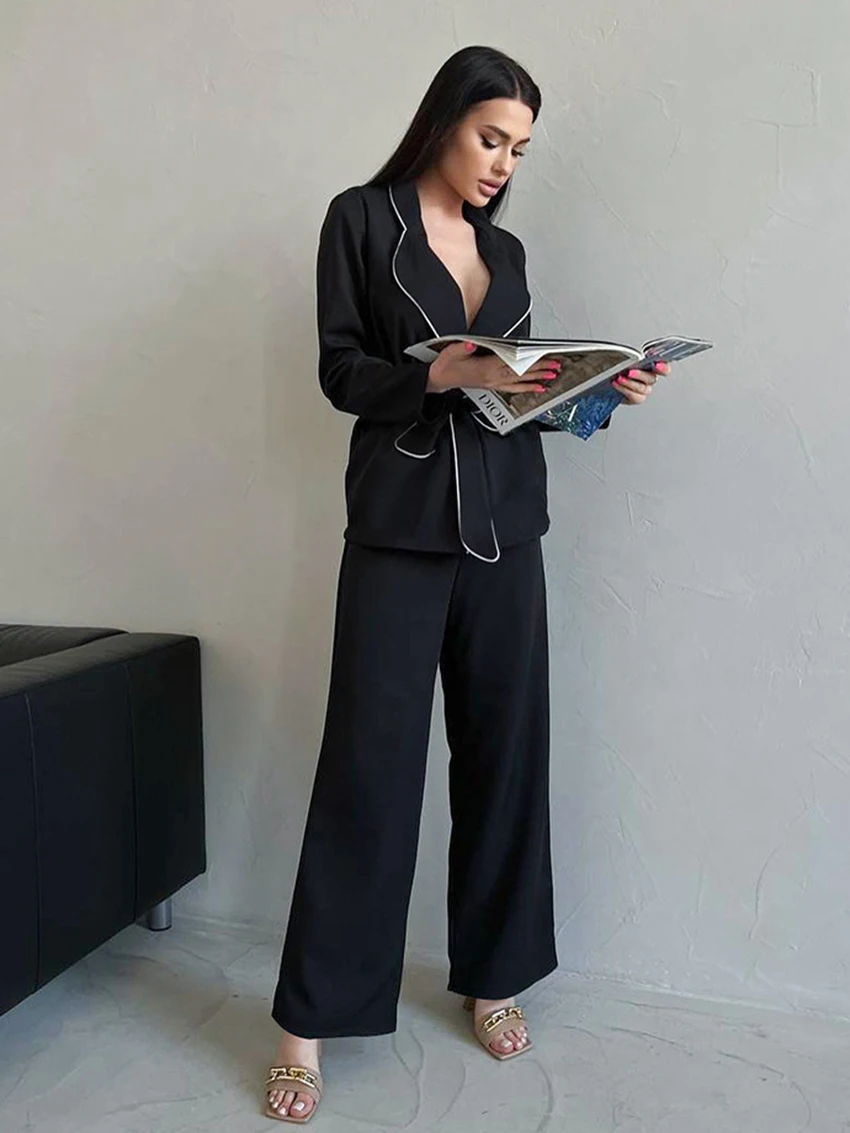 Marthaqiqi Fashion Ladies Nightgowns Set Sexy Turn-Down Collar Sleepwear Long Sleeve Pajamas Lace Up Pyjamas Pants Nightie Suit