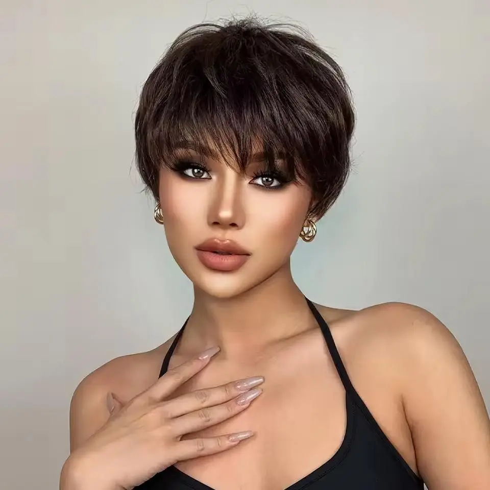 

Женский коричневый текстурированный парик из натуральных человеческих волос, короткий многослойный парик из натуральных человеческих волос темно-коричневого цвета машинной работы для повседневного современного использования