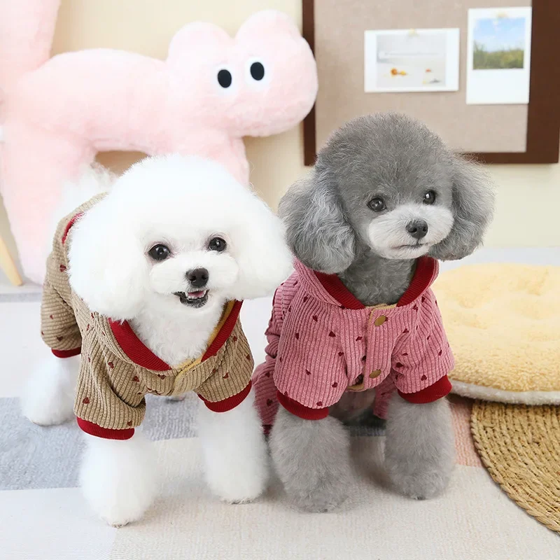 Autumn and Winter Corduroy Hooded Four Legged Pants for Keeping Warm Pet Love Velvet Jumpsuit Pet Dog Four Legged Coat Puppy