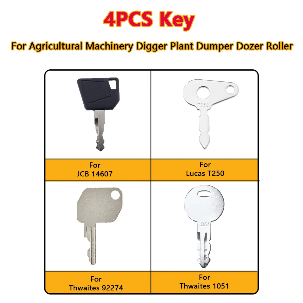 4PCS Key 14607 1501 92274 T250 For Thwaites JCB Lucas  Agricultural Machinery Digger Plant Dumper Dozer Roller