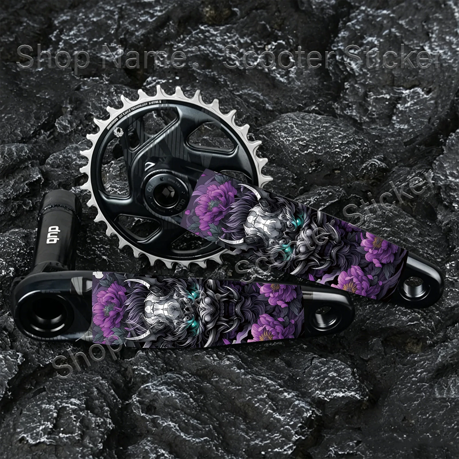 1 Pair Ukiyo-e Mechanical Demon & Purple Peony Crank Arm Stickers, Waterproof Removable Bike Crankset Protective Decals