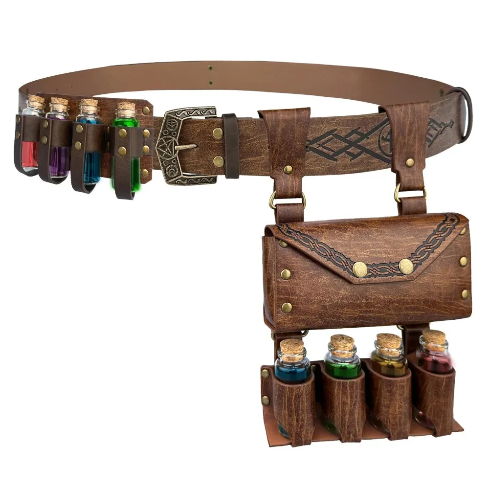 2/3/4pcs Embossed Medieval Wizard Cosplay Set Vintage Fantasy Medieval Leather Pendant PU with Potion Bottles Torn Witch Hat