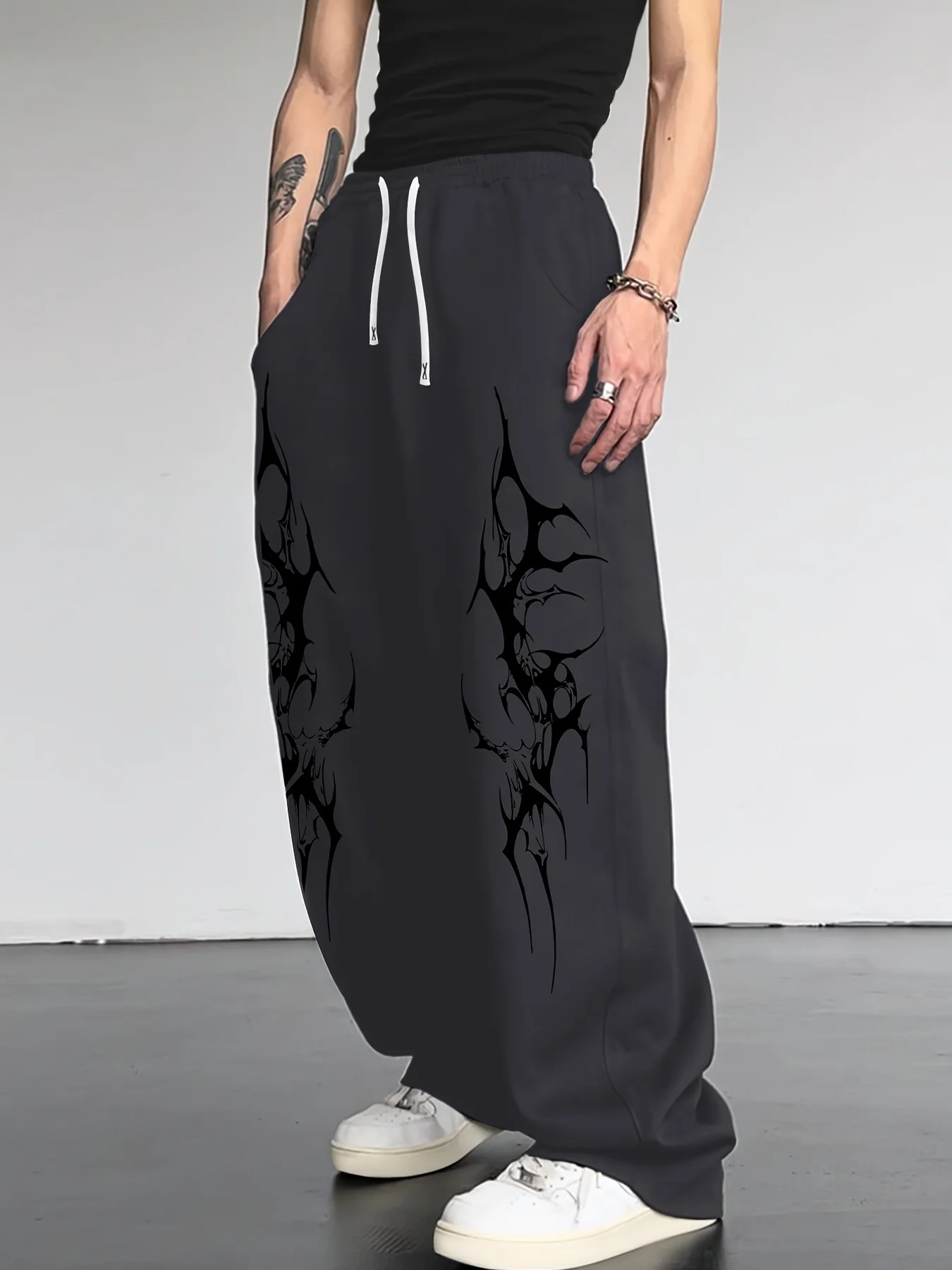 Gothic Tattoo Print Men's Casual Sporty Loose Straight Leg Trousers, New Style for All Seasons, Streetwear Men Pants