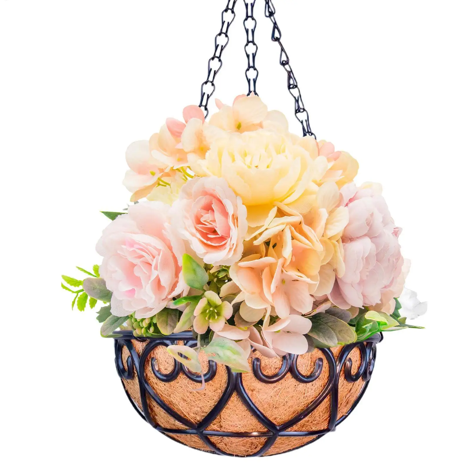 Hangings Plant Basket Coco Nut Palm Liner Iron Planter Garden Decoration Round Plant Holder With Chain For Patio Lawn