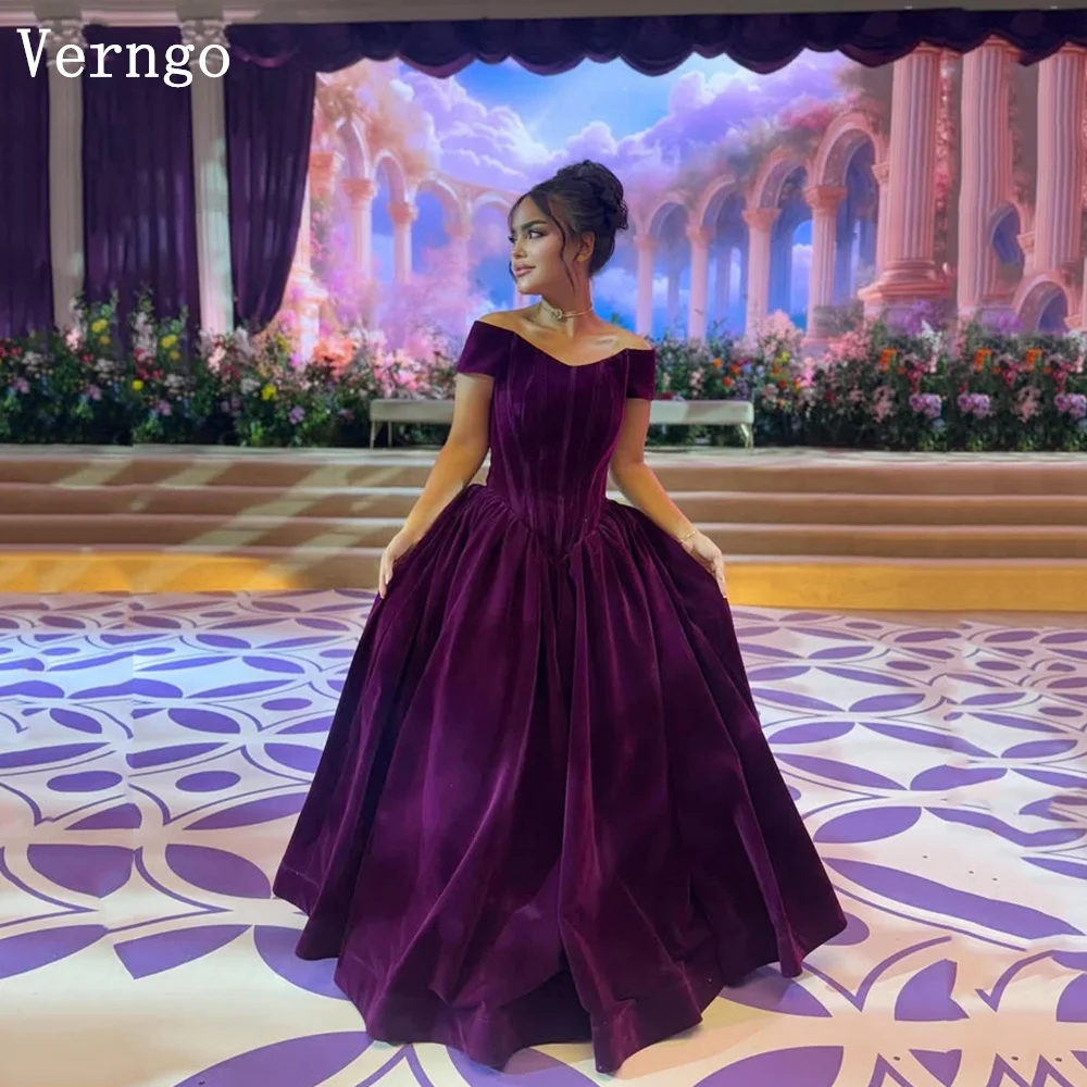 Verngo Purple Velvet Evening Dress Off The Shoulder A Line Maxi Formal Occasion Dress Elegant Saudi Arabia Prom Gowns Customized