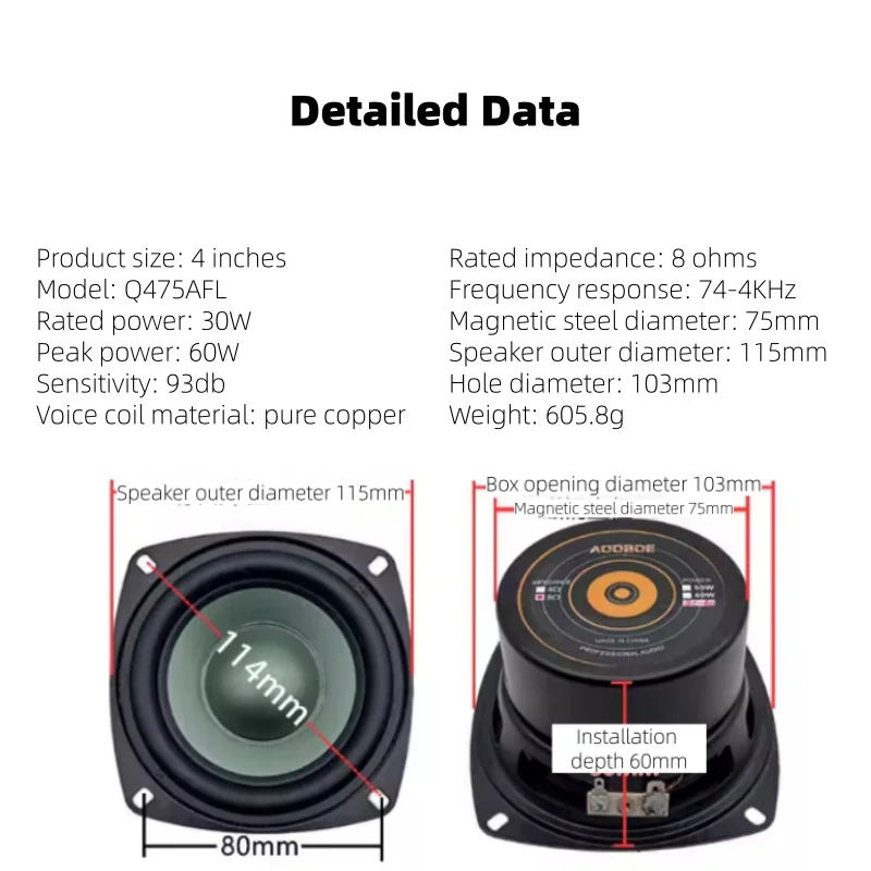 free shipping 4-inch 8-ohm outer diameter 115 hole 103 small audio full range speaker square mid low frequency speaker