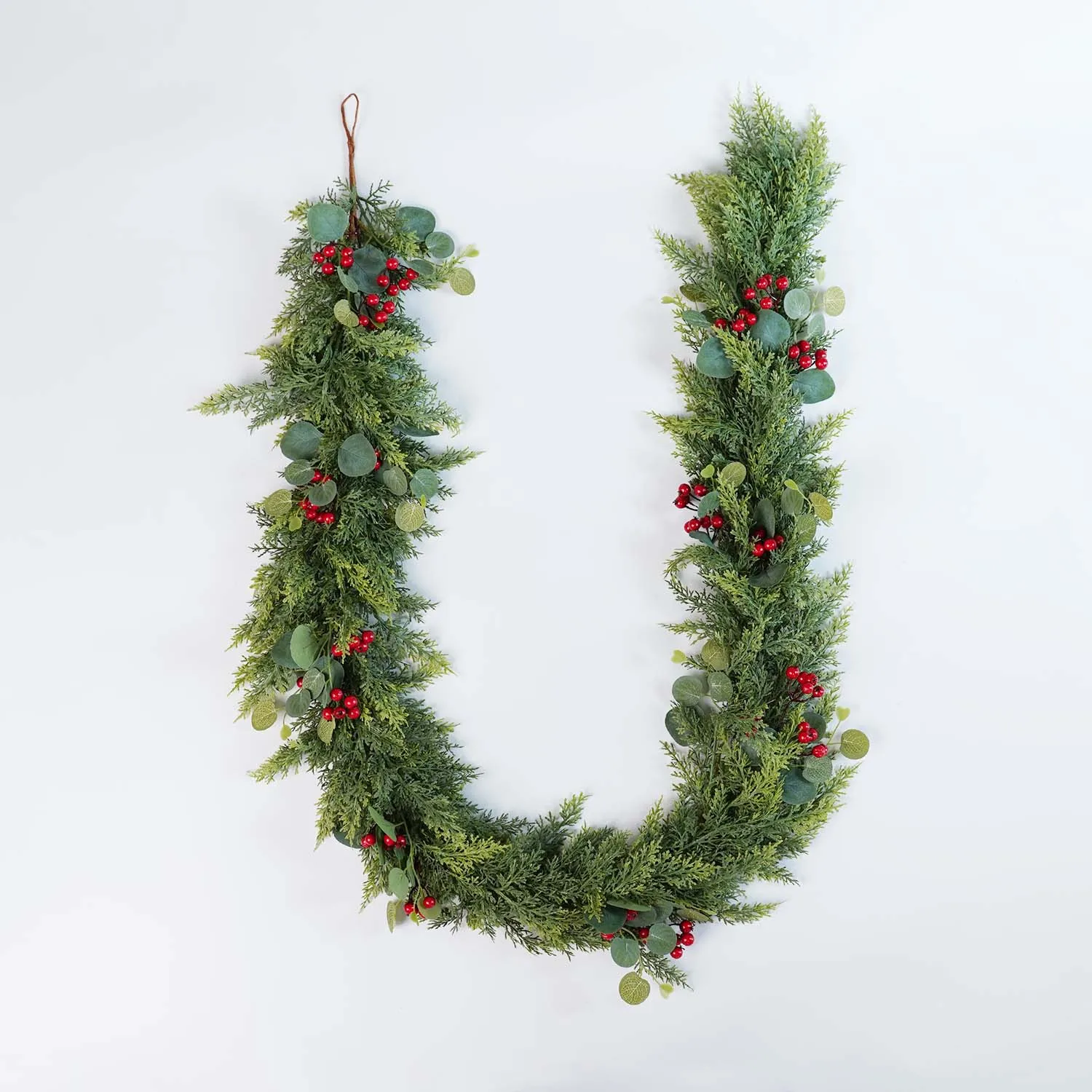 2M Christmas LED Rattan Garlands, Christmas Wreaths with Red Berries Pine boughs, eucalyptus leaves , Front Door Decoration