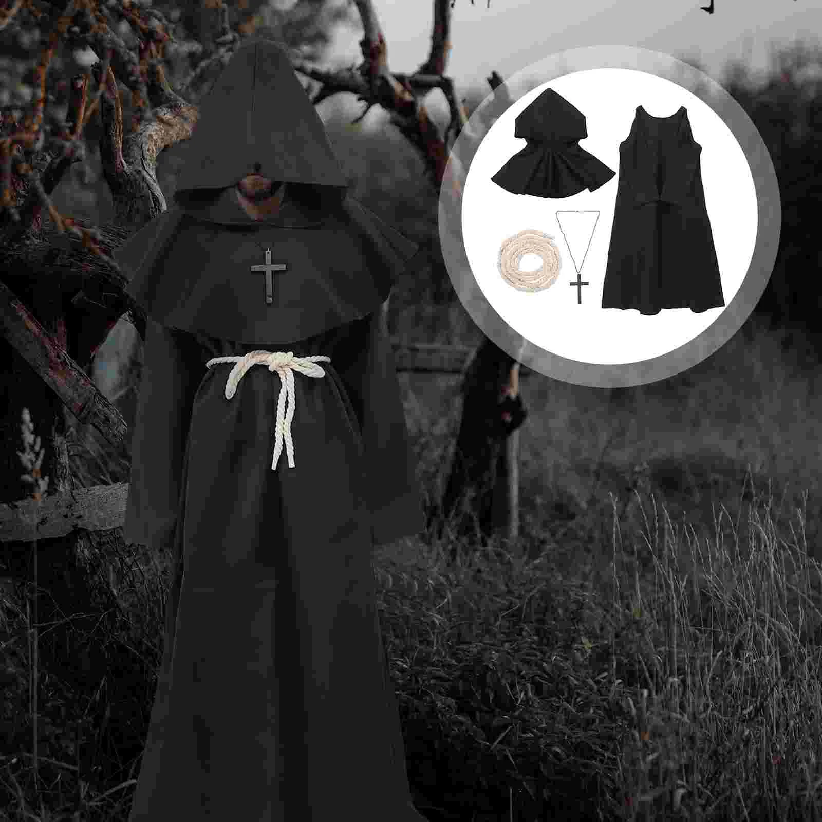 Traje renacentista para hombre, ropa de sacerdote, disfraz de Halloween, capa de monje, blanco con capucha