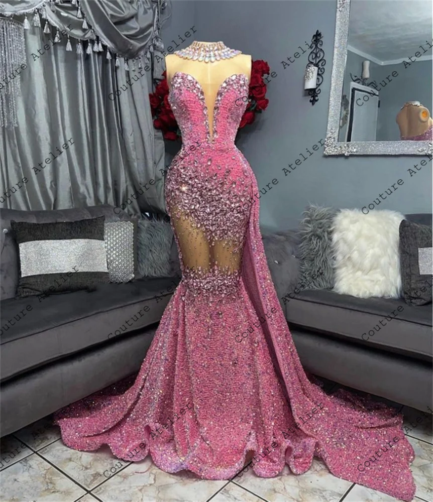 Sparkly Red Sequins Mermaid Prom Dresses 2024 For Black Girls Crystal Rhinestone Evening Dress Homecoming Luxury Customized