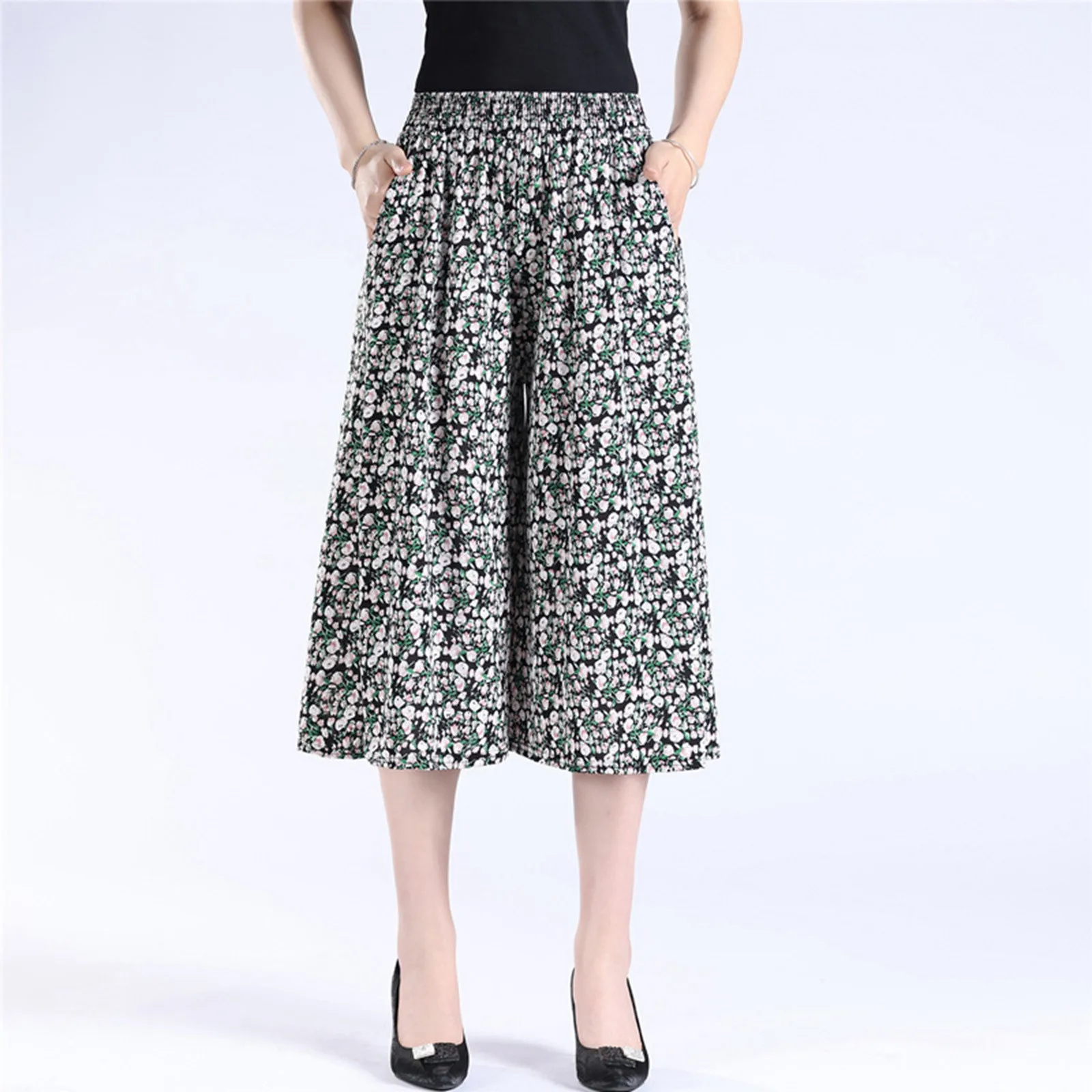 Women's High Elastic Waist Capri Pants Loose Casual Wide Leg Culottes Elastic Waist Trousers Women Summer Vintage Clothes