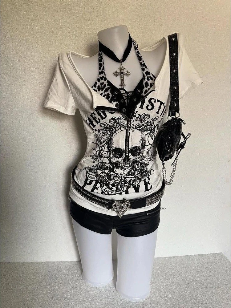 Women's Subculture Skull Print Fake Two-Piece T-Shirt Summer Gothic Slim Fit Halter Tops Y2K Harajuku Grunge Punk Fashion Tees