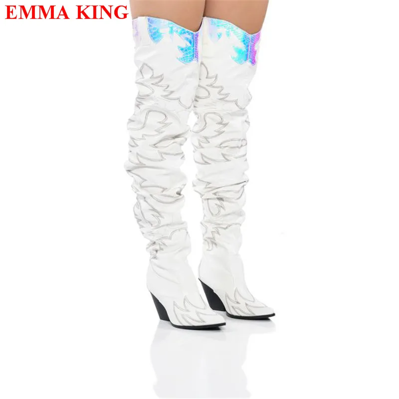 

Fashion Embroidered Over The Knee Western Boots Women Winter Autumn Chunky Heels Thigh High Boots Female Slip On Cowboy Boots