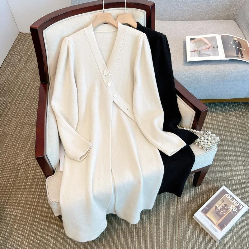 

plus Size Women's Knitted Long Casual V-Neck Sweater Dress Spring Autumn Loose Design Sensation Trendy A-Line Skirt