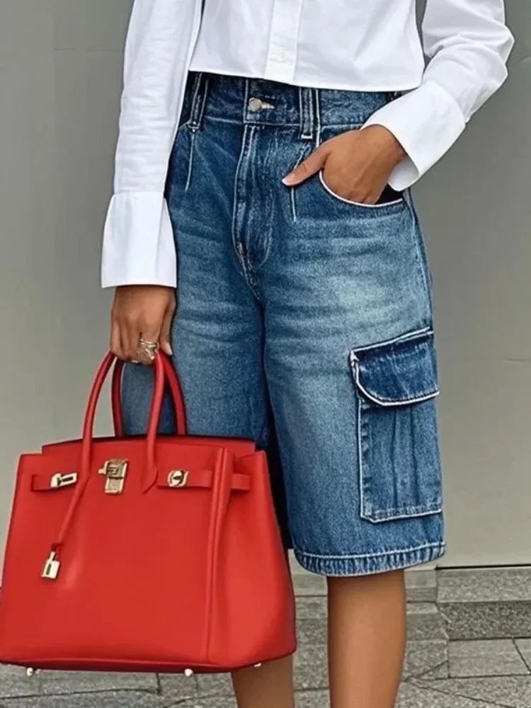

UOOZEE Women's Summer Fashion Imitation Denim Fifth Pants 2025 New Pockets High Waist Wide Leg Casual Capri Pants Jeans Bottoms