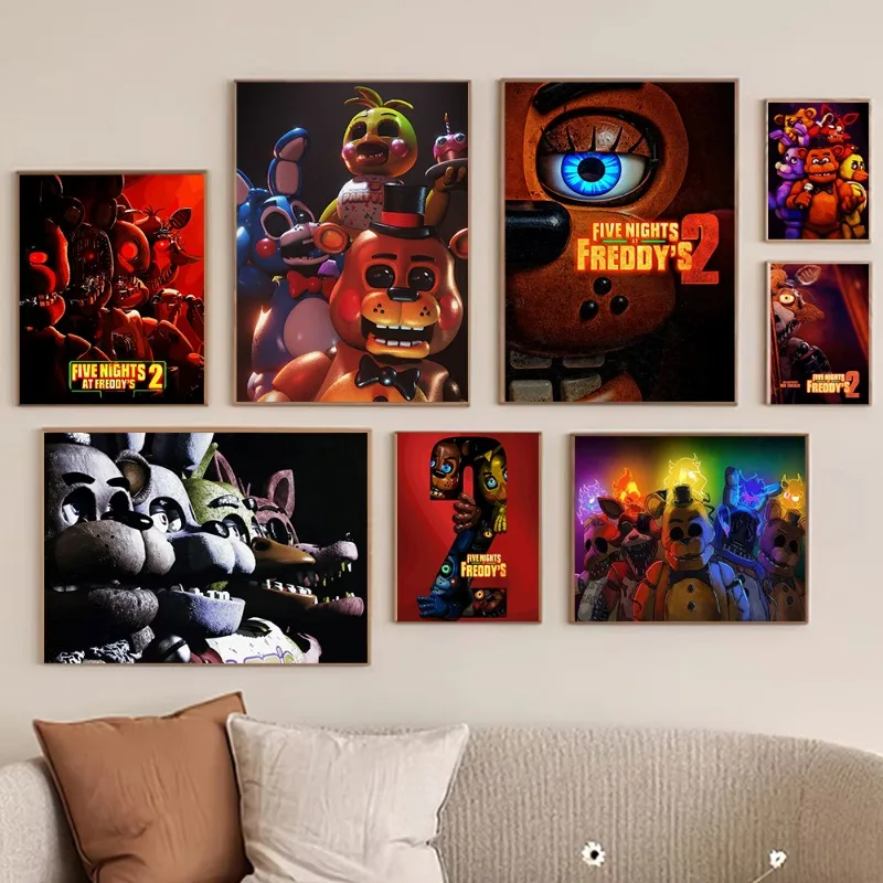 FNAF Poster with Bonnie Chica Foxy Canvas Print Horror Retro Film Art, Gaming Wall Art for Bedroom Living Room Man Cave Decor