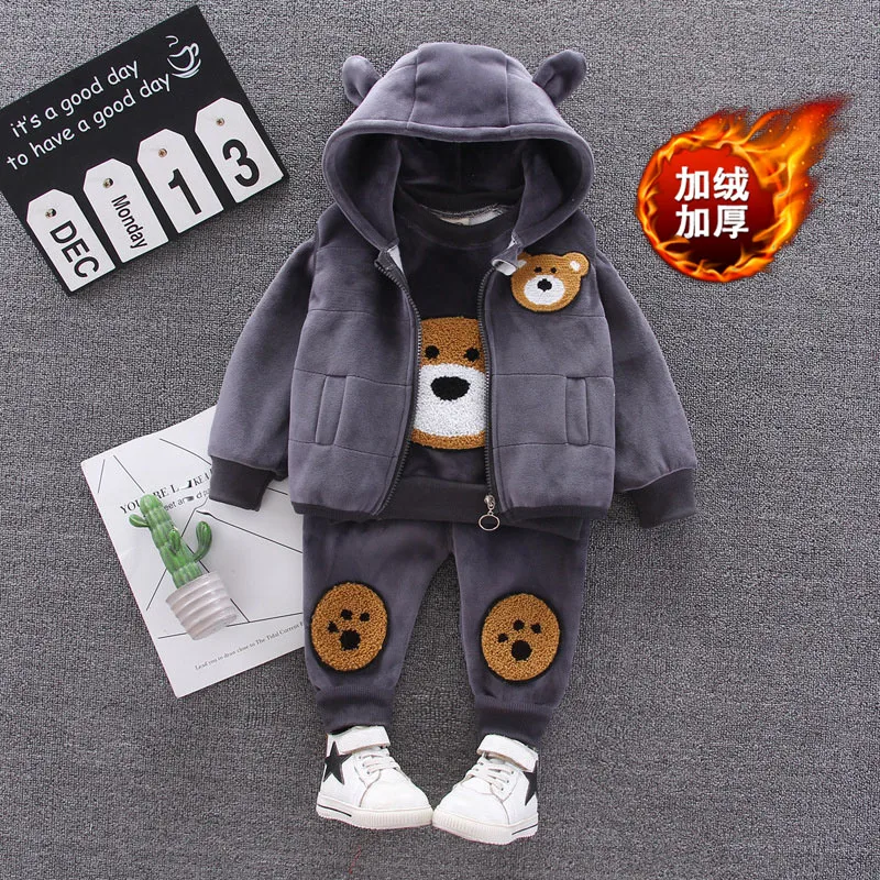 Kids Thickened Sets Children Padded Warm Tripartite Boys Girls Cotton Top Coat Pants 3Pcs Toddler Cute Plush Outfit Baby Costume