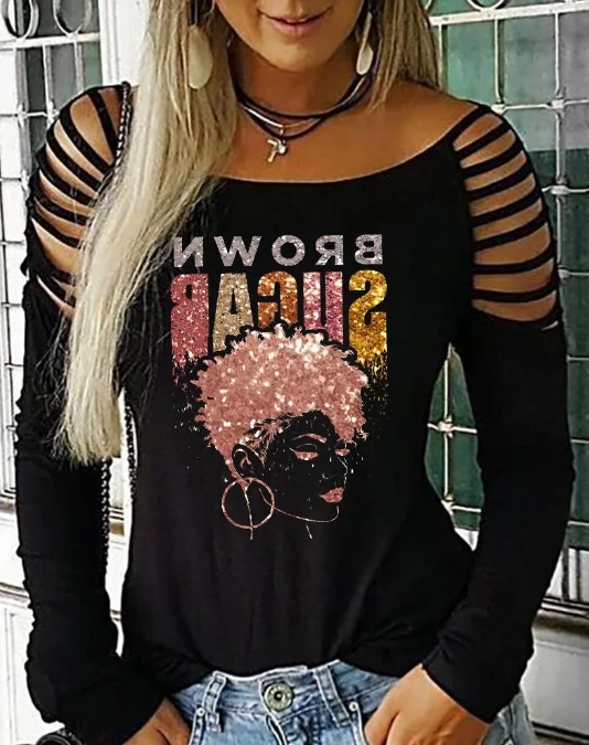 

Y2K Women's Blouses 2024 Spring Summer Cut-Out Long Sleeve Round Neck Brown Sugar Letter Print T-Shirt Tops Women Clothes