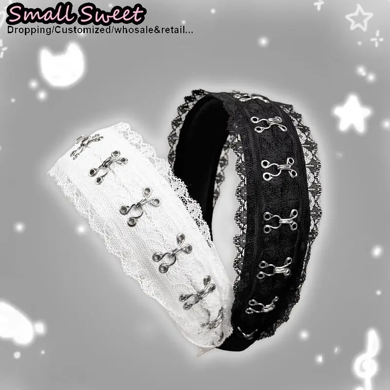 Women Subculture Y2K Spicy Girl Black White Lace Headbands Accessories Leather Buckle Chains Dark Steampunk Sweet Style Dainty