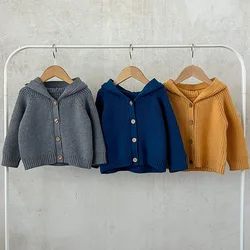 2024 New Autumn Newborn Baby Girls Sweater Coat Long Sleeved Solid Color Hooded Infant Baby Girls Knitting Cardigan Coat