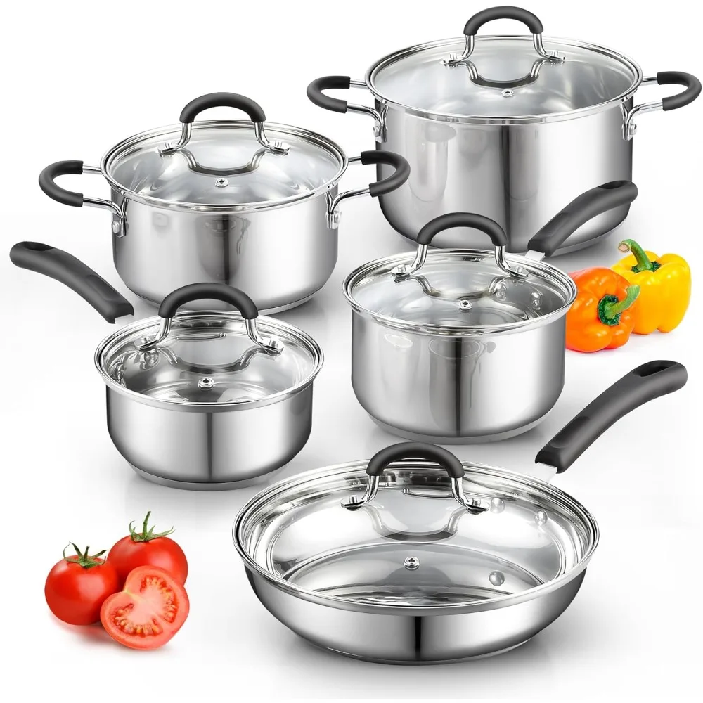 

Stainless Steel Cookware Sets 10-Piece, Pots and Pans Kitchen Cooking Set with Stay-Cool Handles, Dishwasher Safe, Silver