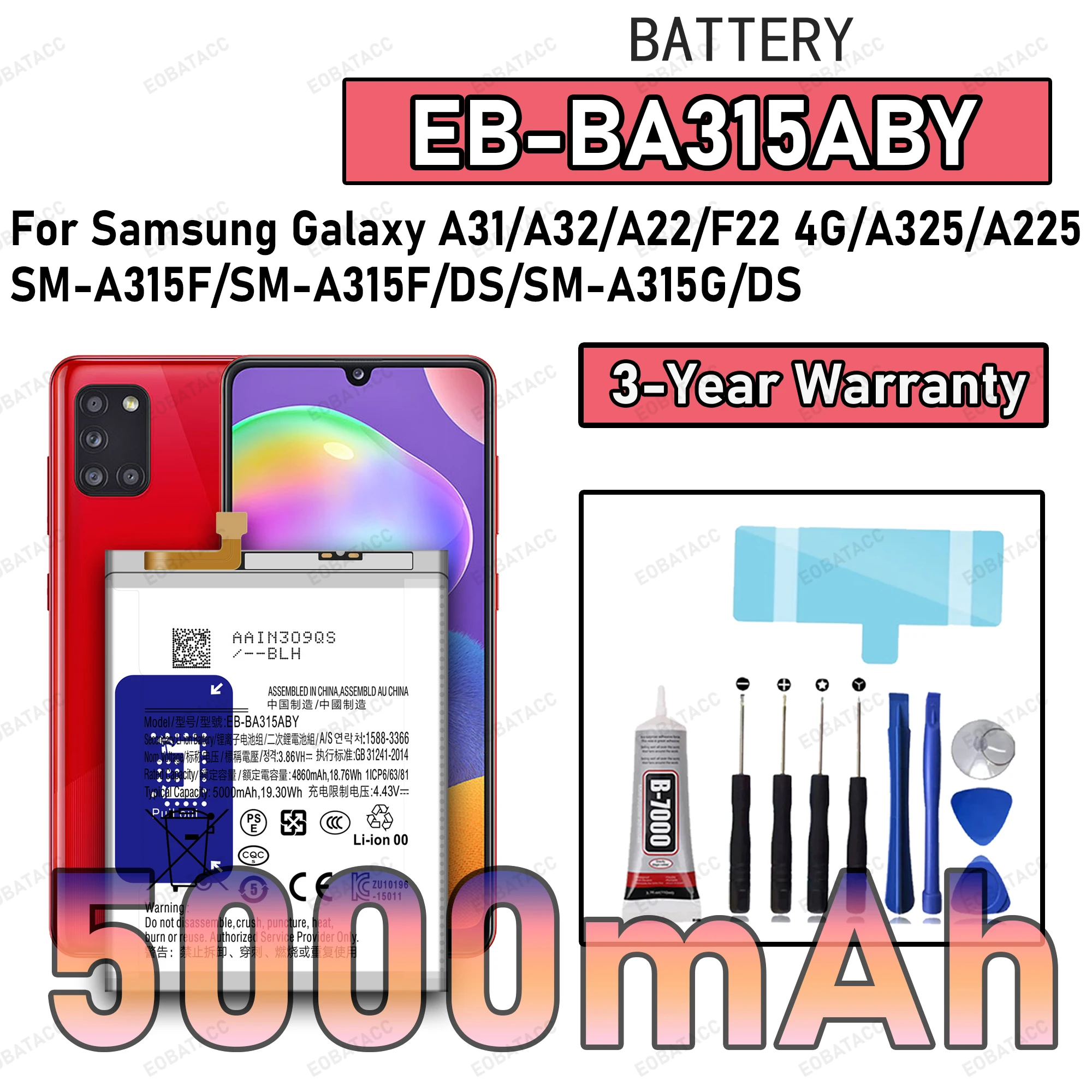 

100% New Zero Cycle EB-BA315ABY Replacement Battery For Samsung Galaxy A31/A32/ A22/F22 4G/A325/A225 Batteries Tools