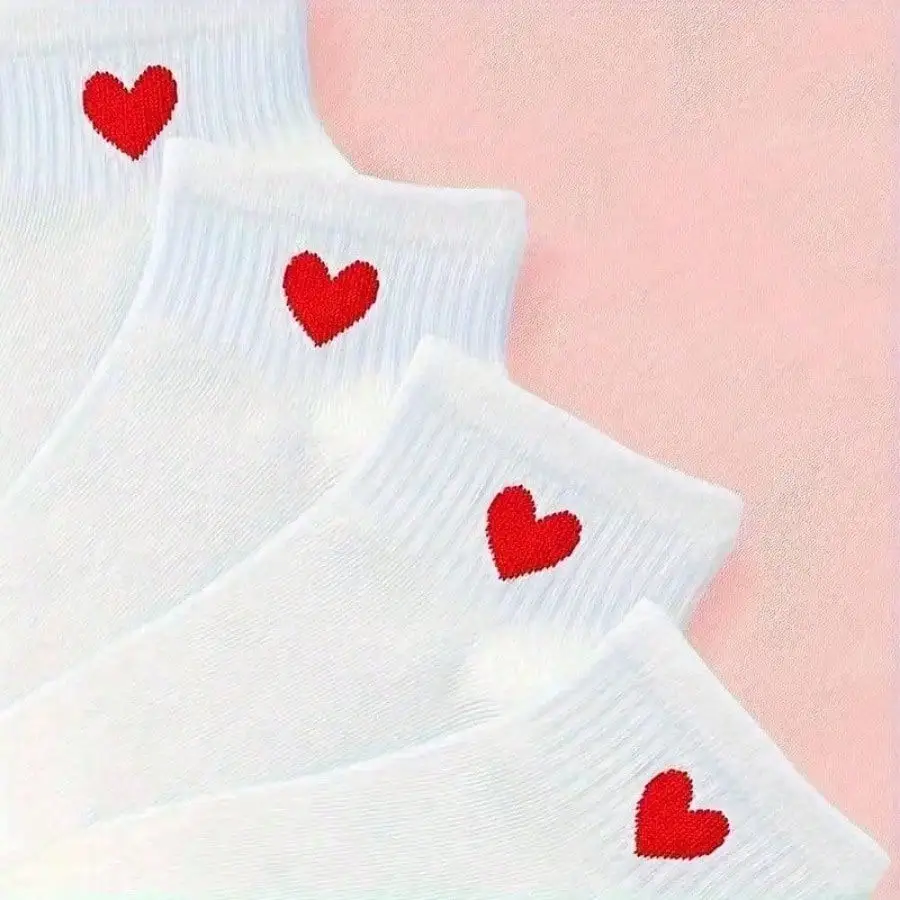 5 paia di calzini bianchi a forma di cuore, traspiranti e confortevoli, adatti a tutte le stagioni, design con motivo simpatico cartone animato