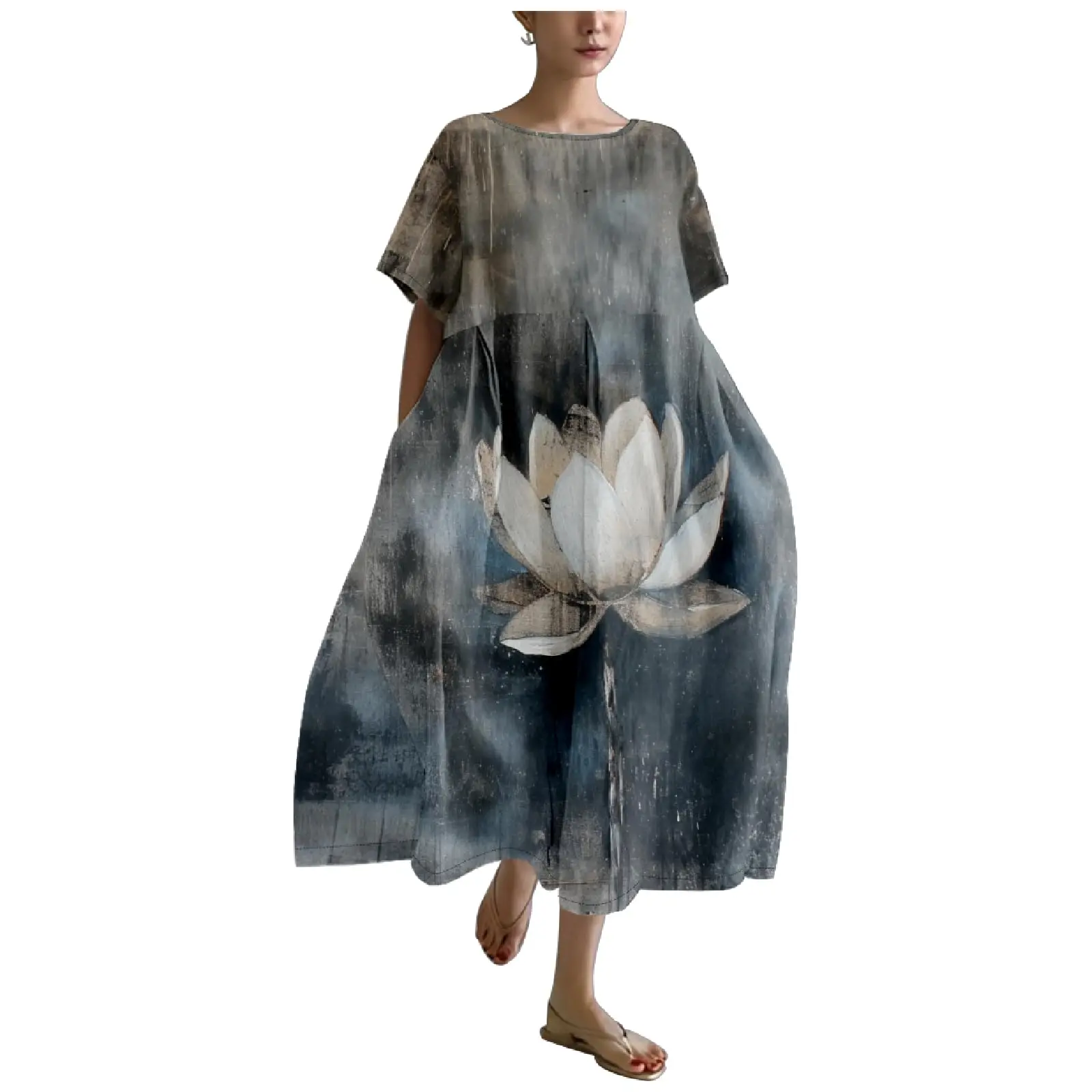 2024 de talla grande para mujer, Vestido largo de arte japonés, vestido bohemio con cuello redondo Floral para mujer con dobladillo ancho, vestido de verano Casual