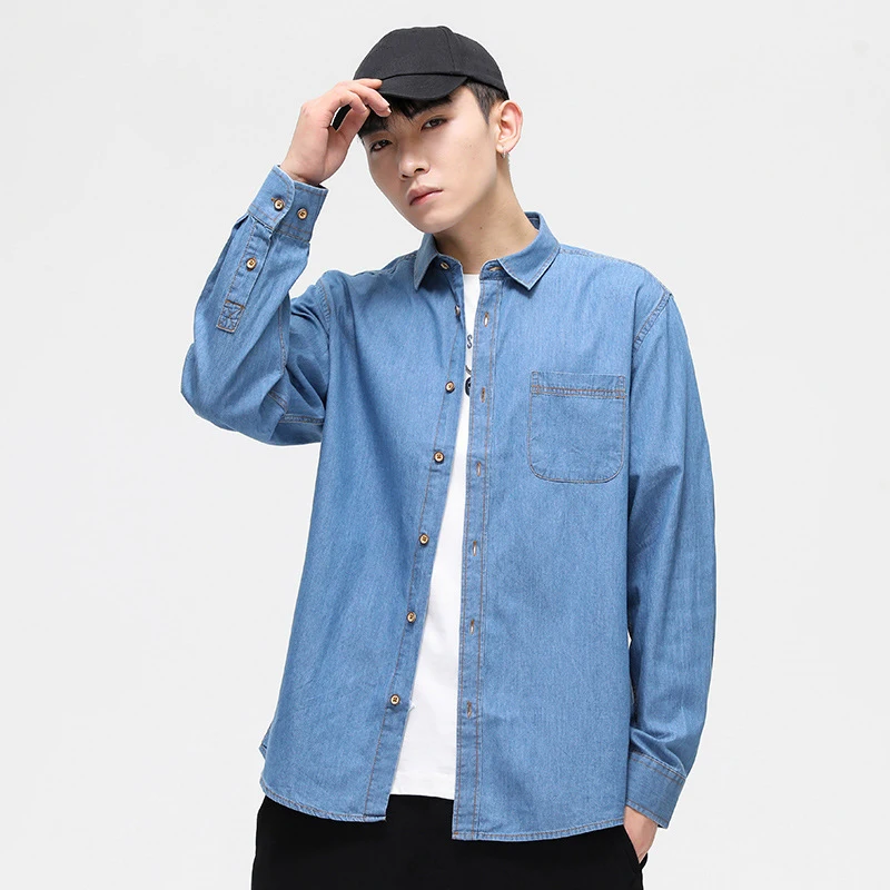 Spring Autumn Vintage Baggy Jacket Mens Denim Shirt Fashion Harajuku Long Sleeve Tops Trend Streetwear Oversized Male Clothing