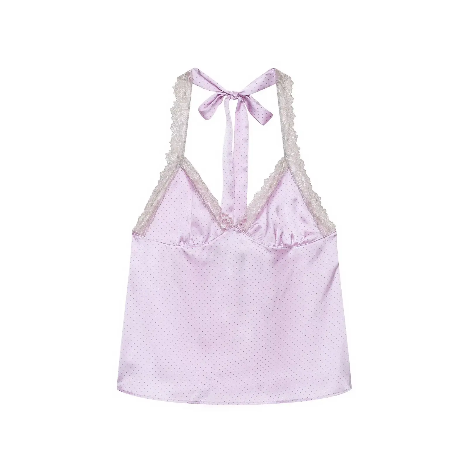 HH Elegantes Polka-Dot-Satin-Neckholder-Top für Damen 2026 Sommer mit Spitzenbesatz und Rückenbindung – Cami für Alltag, Urlaub, Loungewear und Ausgehkleidung – Detail 2