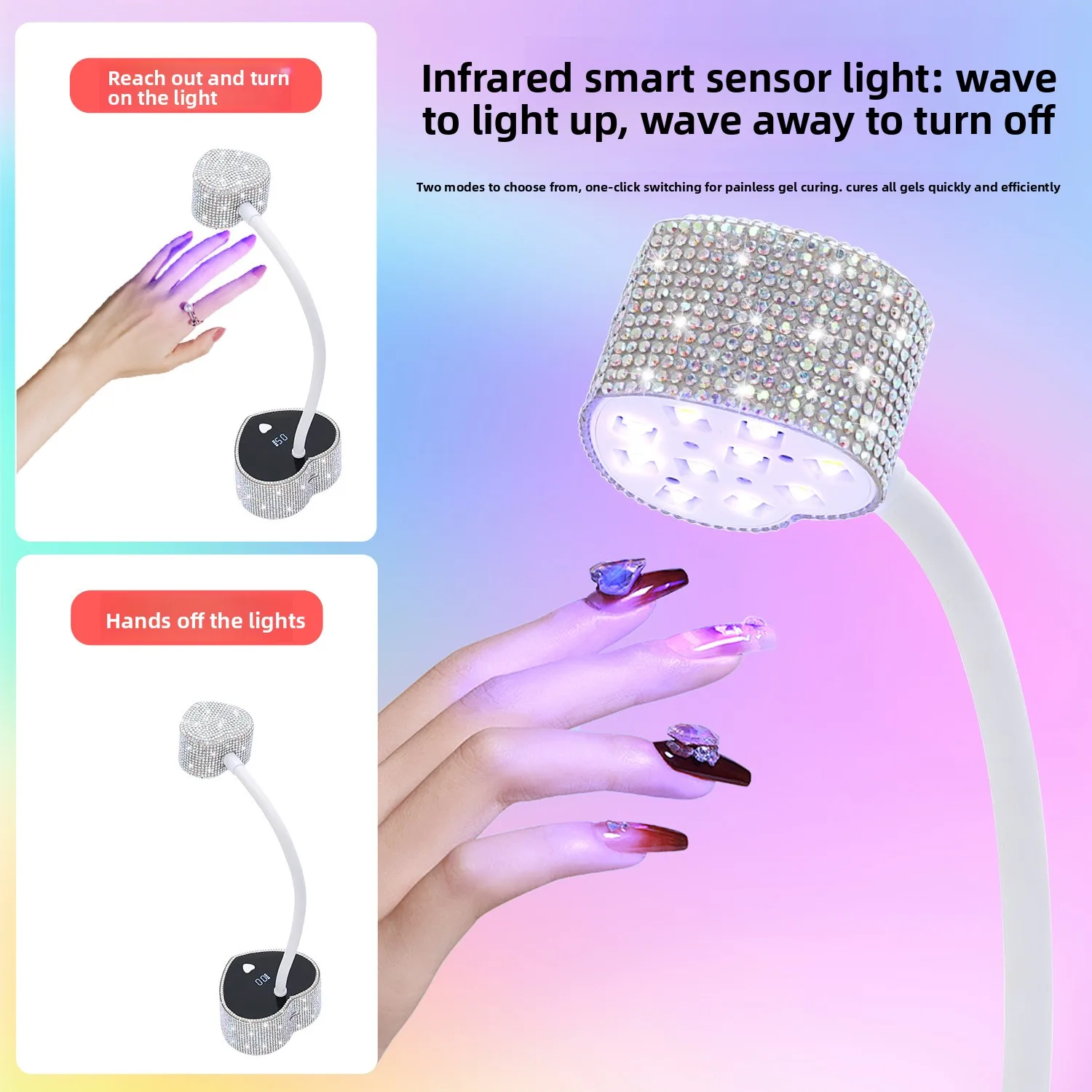 Rechargeable Heart Nail Dryer, Rhinestone Decor Desktop Phototherapy Light, Smart Sensor Fast Curing Gel Nail Tool