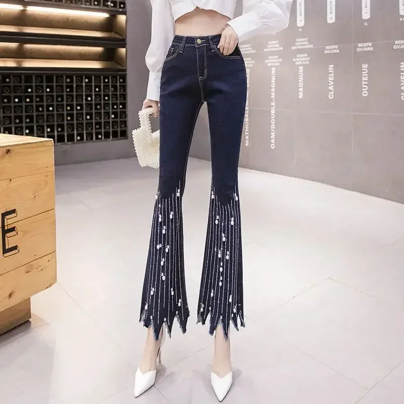 

Female Denim Pants Flared Flare Stretch Trousers with Rhinestones Bell Women's Jeans Bottom Sexy Short Cropped and Capris Retro