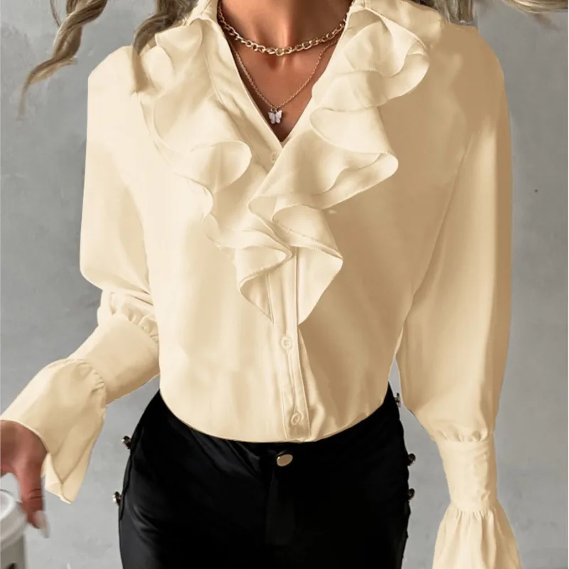 Camisa feminina de manga comprida com babados e decote em v cor sólida primavera e outono com camisa de chiffon plissada solta e elegante