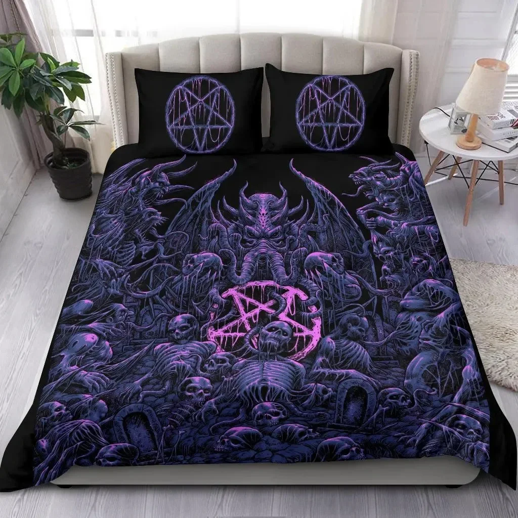 Skull Skeleton Satanic Goat Skull Duvet Cover Set Trophy Demon Breed Bedding Sets Night Blue Pink Satanic Baphomet Quilt Cover