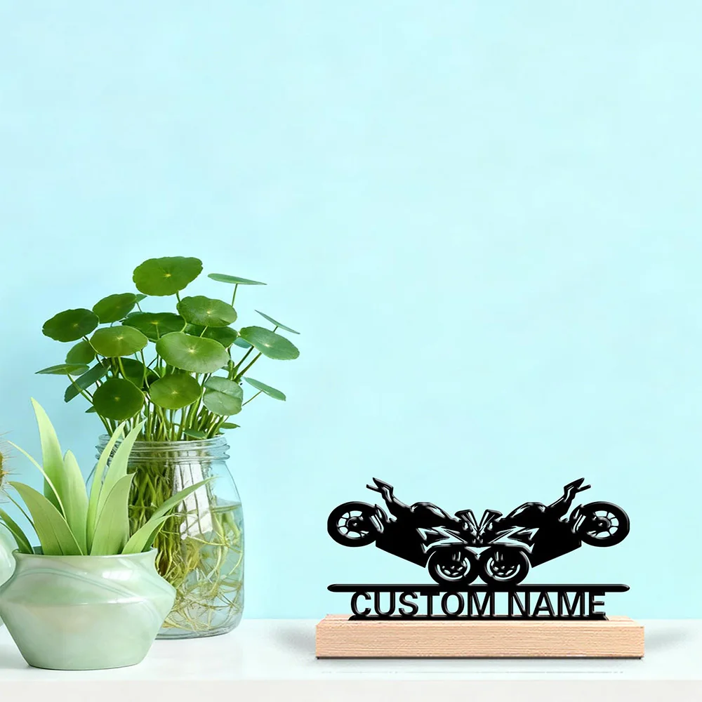 1pc Modern Colliding motorcycle Customized Letter Tin Statue Metal Ornament Iron Sculpture With Wood Base Handicraft With Wood