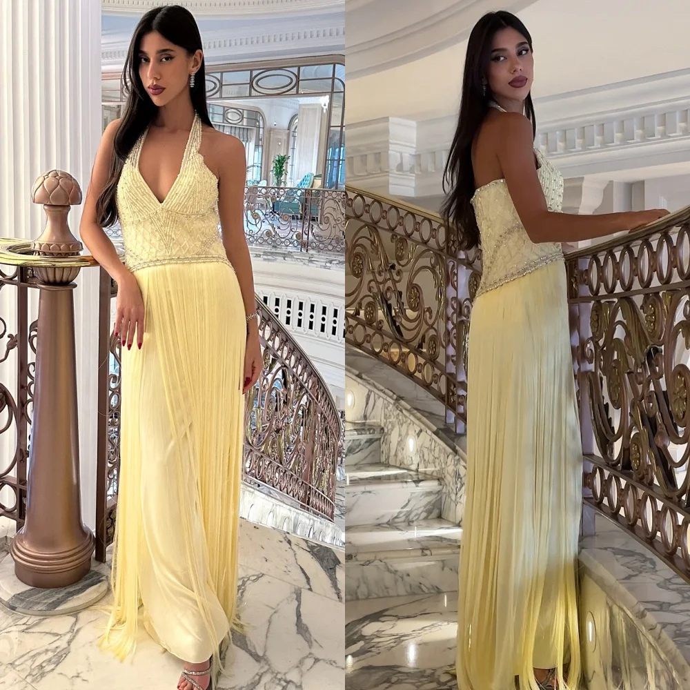 

Customized Fashion Classic Beading Tassel Straight Halter Ankle Length Dresses Bespoke Occasion Dresses Sizes Available Matching