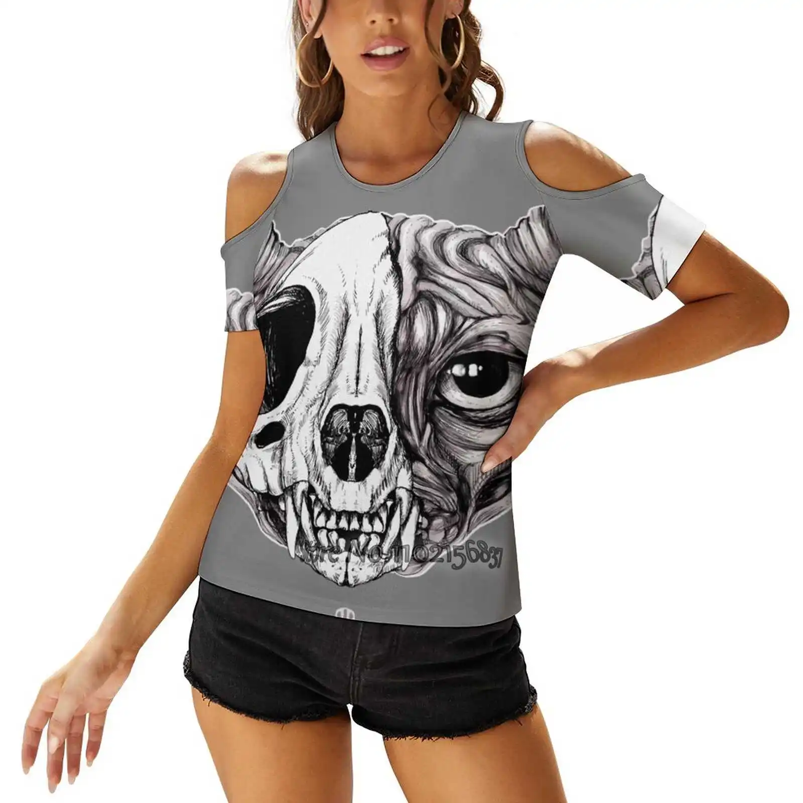 Shynx Half Skull Woman's Casual Sexy T-Shirt One Shoulder Lacing T Shirts Elegant Beach Party Tops Cat Sphynx Sphinx Tatto Cool