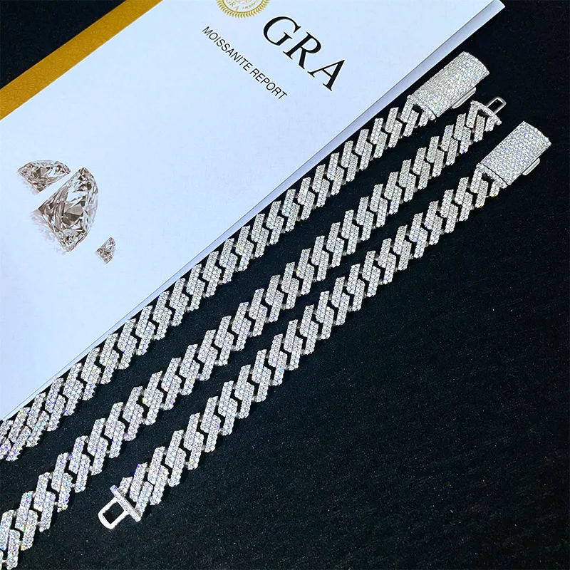 12mm Moissanite Two Rows Of Cuban Chain Bracelet Necklace S925 Silver Iced Out For Men Women Hip Hop Jewelry Pass Diamond Tester