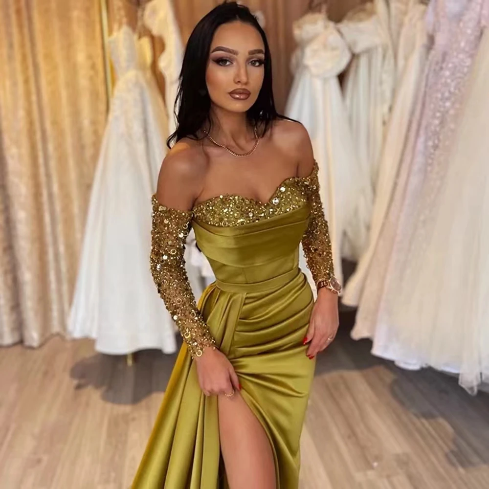 Angelsbridep Glitter Forest Green Evening Dresses Mermaid Shiny Sweetheart Off Shoulder Prom Dress Pleated Sexy Slit Party Gowns