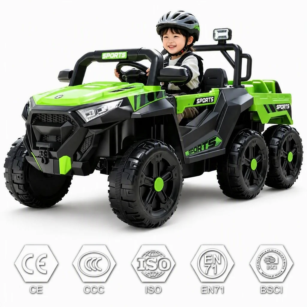 24V 6-wheel children's electric toy car off-road SUV with remote control double seat large space wheels green